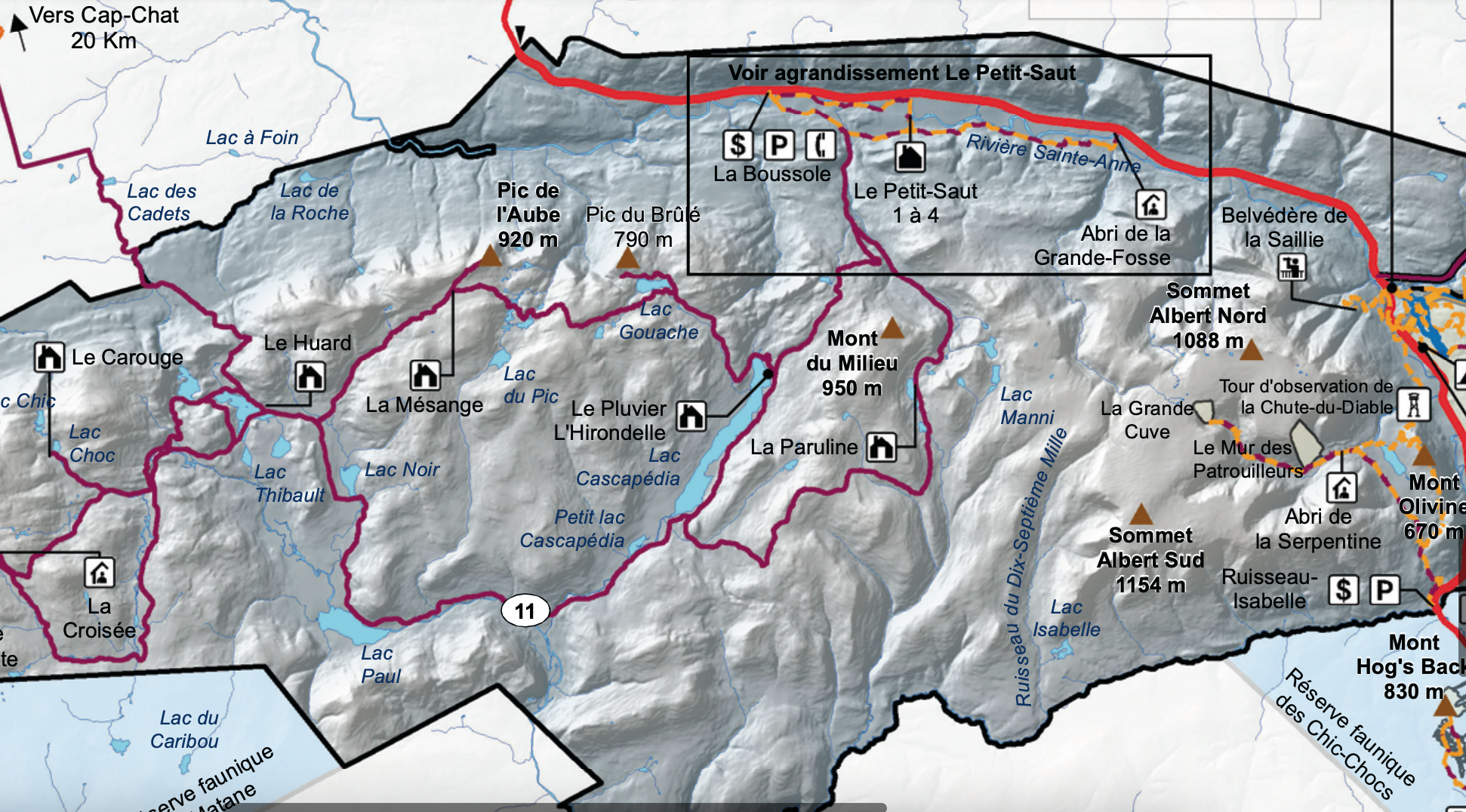 Carte avec trajet dans le parc de la Gaspésie